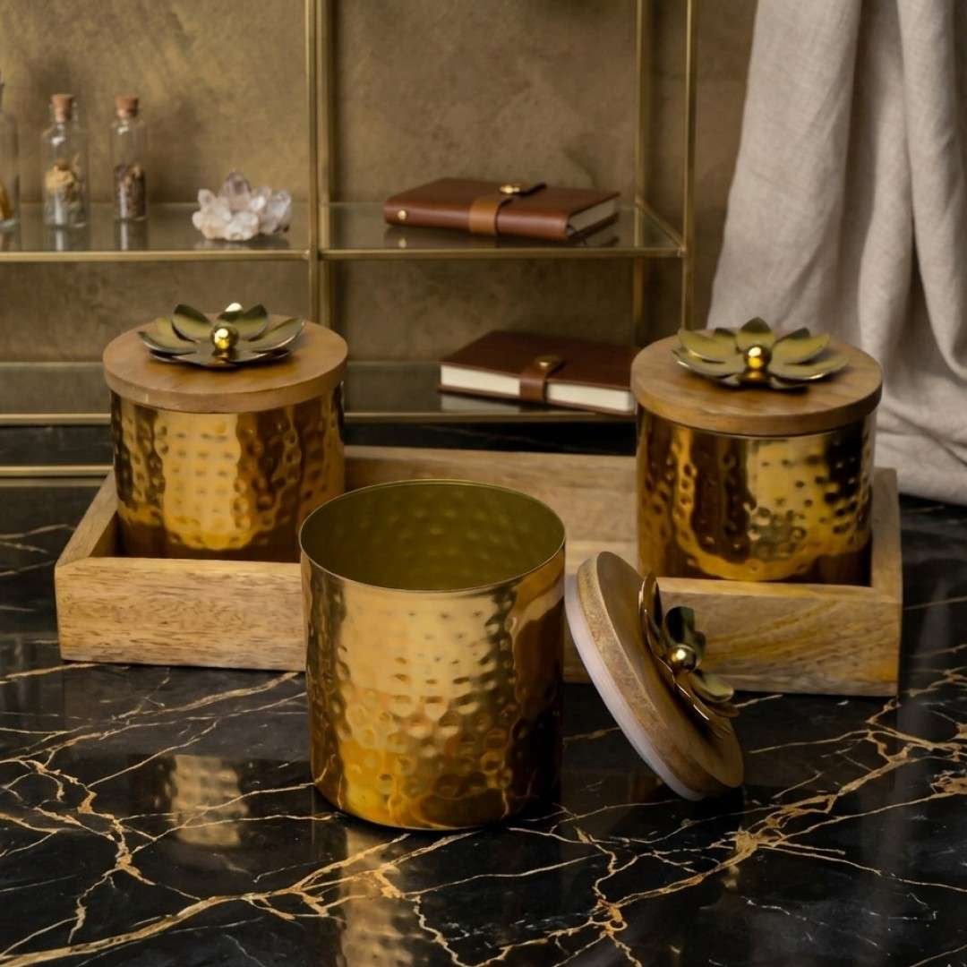 GoldenLotusHammeredBrassStorageJarSetSetof