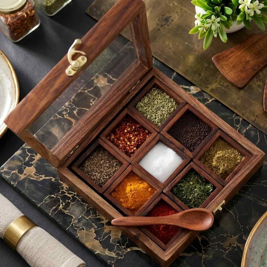 HandcraftedWoodenSpicesContainerwithSpoo