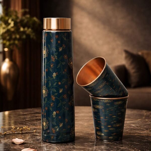 Floral Copper Bottle and Glass set.